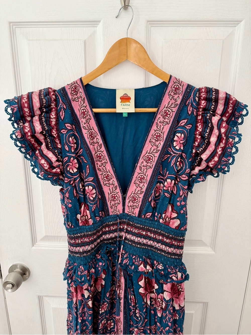 Farm Rio Floral Print Pink and Blue Long Maxi Dress Size Large - Picture 2 of 11